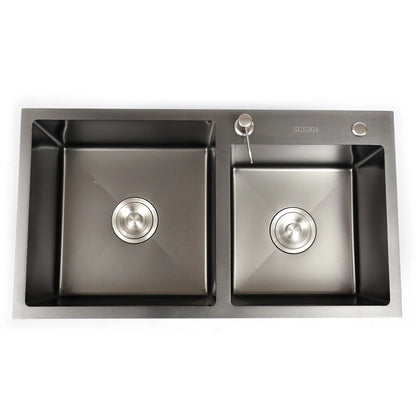 Black King Edelstahl Doppelschüssel Küchenspüle Inset Korb Abtropffläche Seifenspender