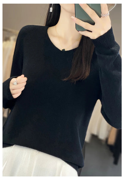 Women 100% Merino Wool Sweater V-Neck Basic Pullover Autumn Winter Cashmere Clothing Long Sleeve Soft Knitwear Tops Solid Color