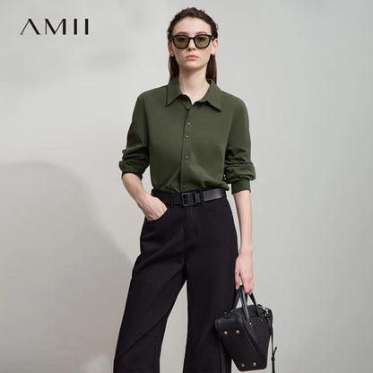 AMII Office Lady Shirt 2025 Autumn New Minimalism thick Long Sleeves Blouse Elastic Cotton Lapel Women's Clothing 12553079.