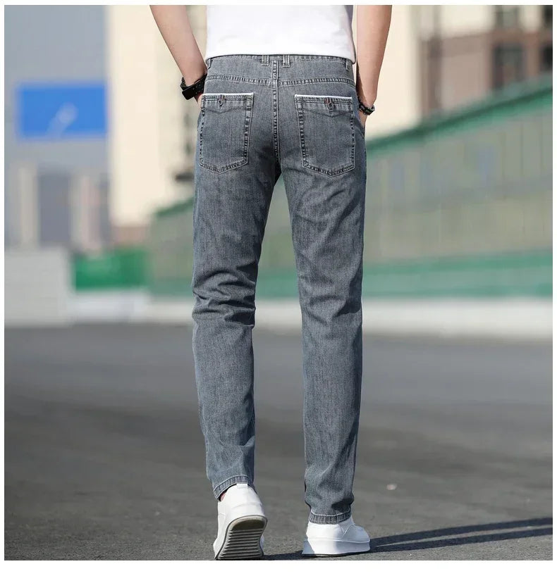 KUBRO 2024 Summer New Men's Loose Stretch Gray Jeans Fashion Casual Stretch Straight-leg Denim Pants Male Light Blue Brand.