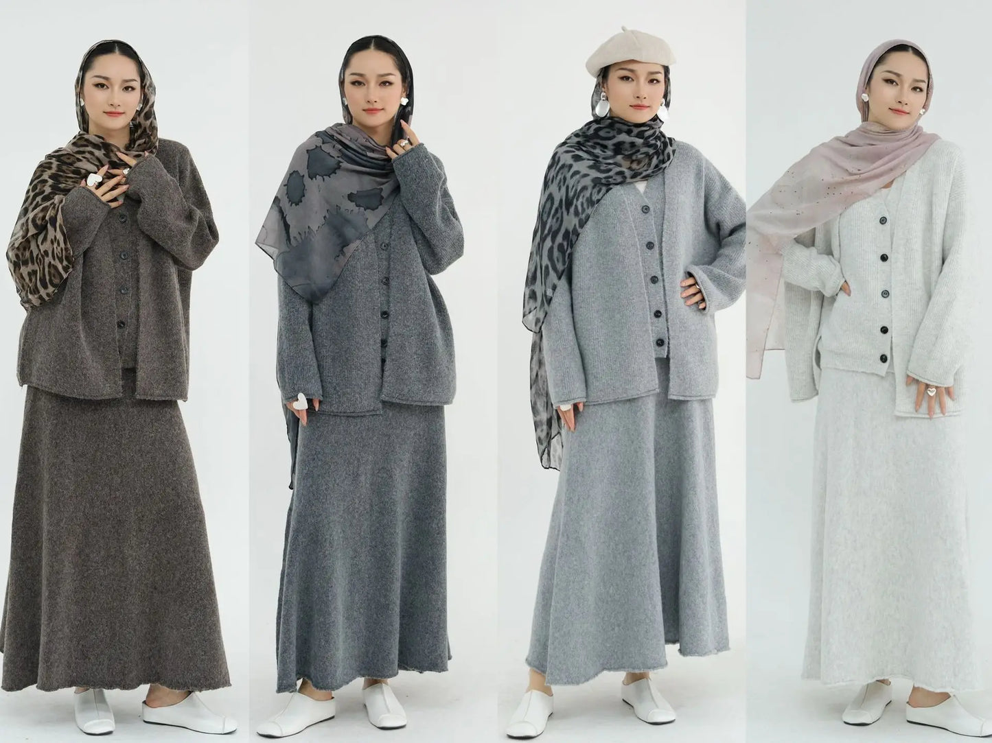 Winter Knitted Wool Cotton 3 Piece Abaya Set + Hijab Daily Thick Warm Modest Muslim Women Islamic Wholesale Suit Abaya.