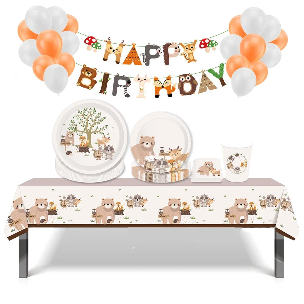 Cartoon Tiere Party Einweg Geschirr Wilde Bär Fuchs Wald Tiere Party DIY Dschungel Safari Alles Gute Zum Geburtstag Baby Dusche Dekor.