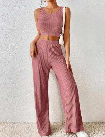 New Spring Solid Color Fashion Casual Knitted Cotton Waist Sleeveless Tank Top High Waist Pants Set For Women's Clothing.