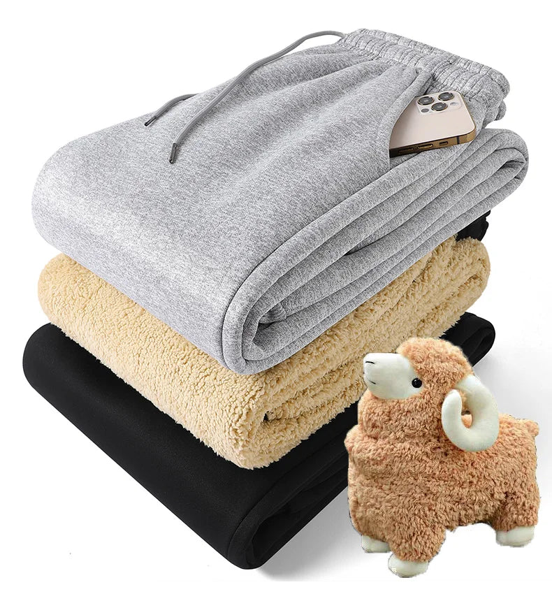 Pants for men in autumn and winter, thickened with fleece for outerwear, casual pants, warm lamb wool sports sweatpants.