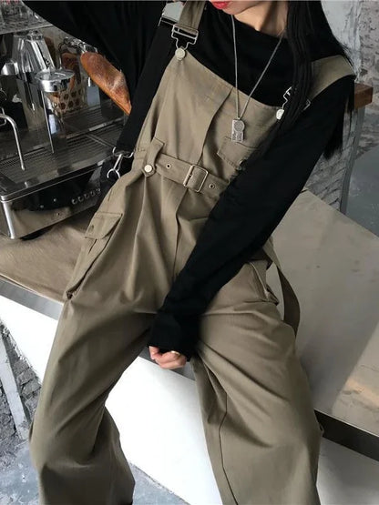 Jumpsuits Women Design Loose Fashion Vintage Students Spring Korean Style Straight Leisure Belt Simple Solid Elegant Tender Cozy.