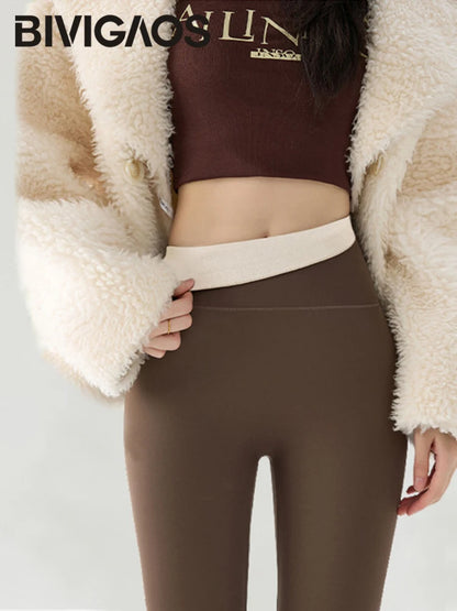 BIVIGAOS New Autumn Winter Cashmere Velvet Shark Leggings Women Red No-trace Thickened High Waist Butt Lifting Warm Leggings.