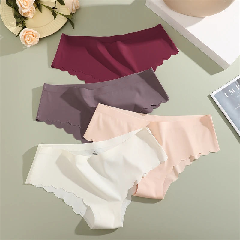 5PCS/Set Seamless Ruffle Waist Underwear for Women Sexy Ice Silk Breathable Panties Female Low Rise Stretchy Briefs Lingeries.