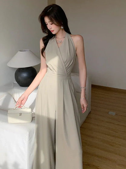 Women Clothes Elegant Sexy Halter Backless Folds Slim Wide Leg Loose Rompers Summer Solid Casual One Piece Long Jumpsuits.