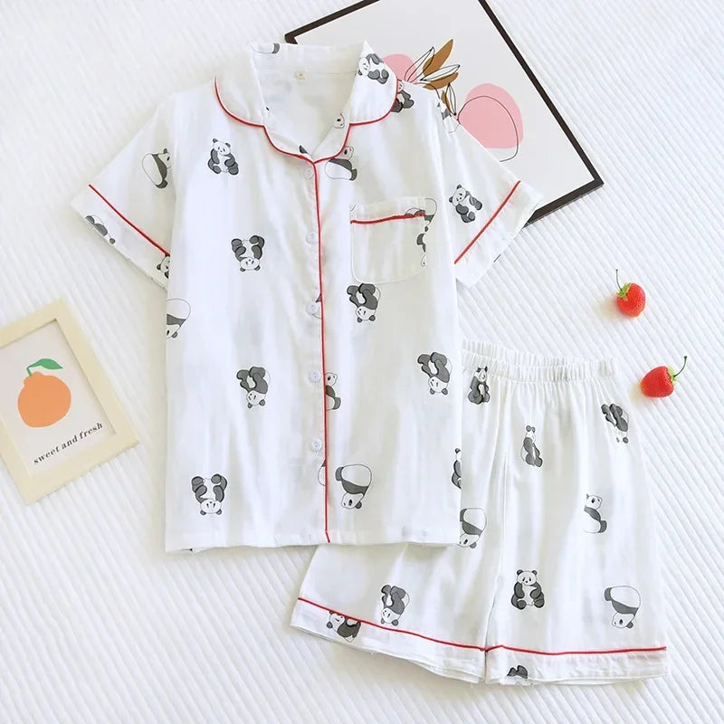Japanische einfache kurze Pyjamas Frauen 100 % Baumwolle kurze Ärmel Damen Pyjama Sets Shorts süße Cartoon Nachtwäsche Frauen Homewear