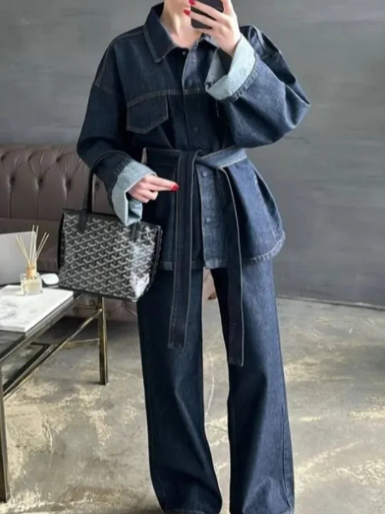 Retro Classic Denim Jacket Pants 2pcs Set Strap Coat Women Straight Leg Pants Autumn Stylish Women's Casual Suit