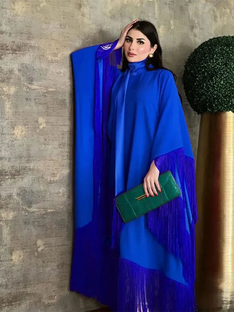 Eid Satin Luxury Green White Black Pink Khimar Tassel Butterfly Batwing Abaya For Women Islam Muslim Maxi Dress Kaftan Kebaya