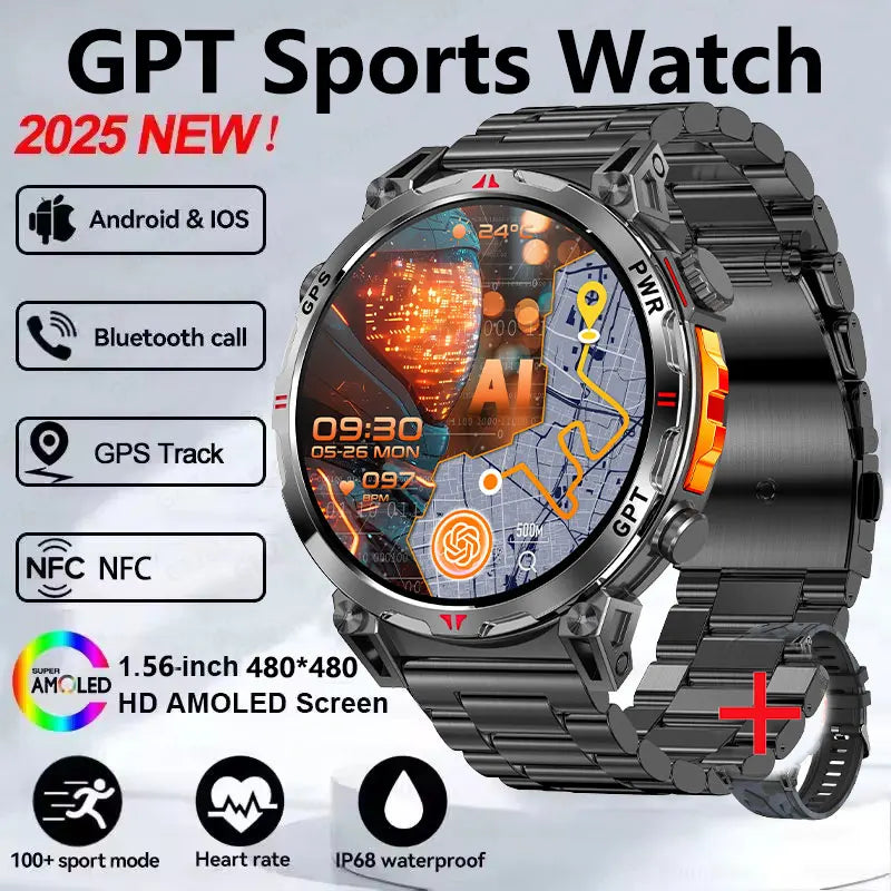 2025 GPS Sports Smart Watch GPT AMOLED 1.56 inch 488 * 488 Heart Rate Blood Oxygen Blood Pressure Monitoring 3ATM Smartwatches
