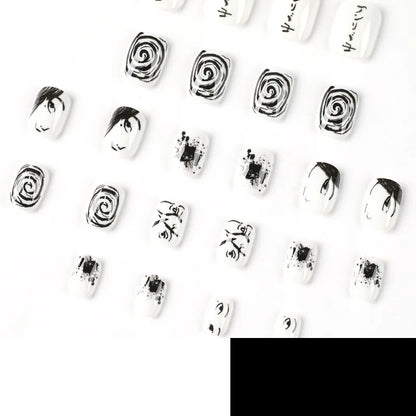 Y2K Black White Hand Drawn Comic Design Wearable Mini Short Fake Nails Full Cover Finished False Nails Press on Nails with Glue.