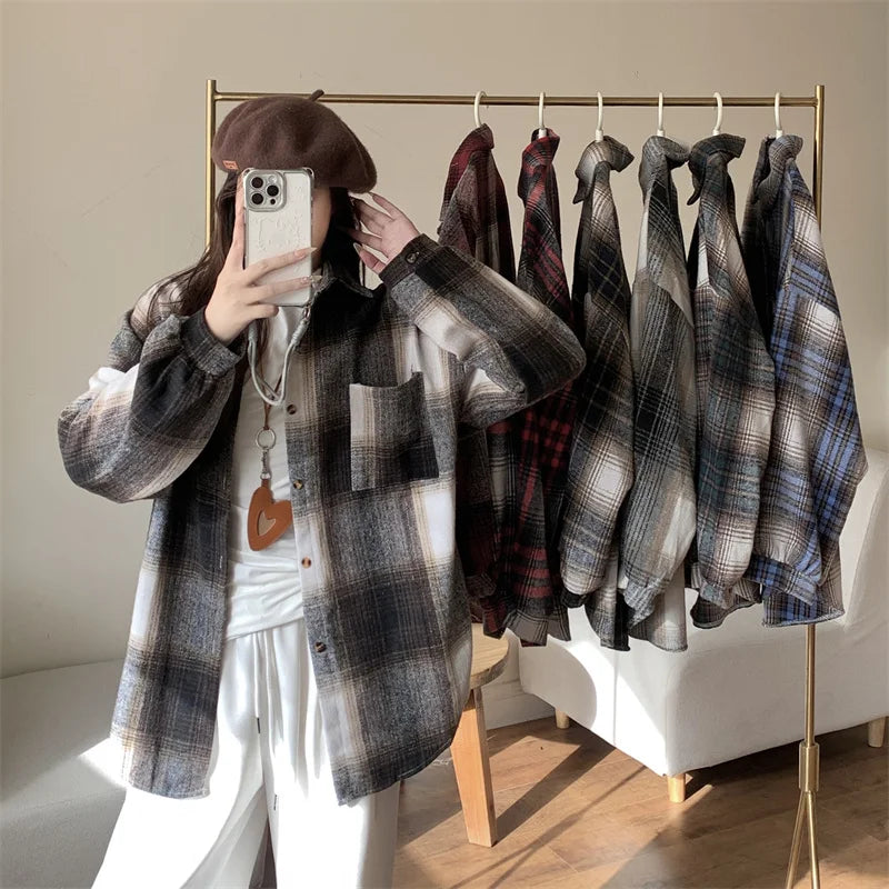Zjaiss Women Thick Woolen Plaid Blouse Loose Long Sleeved Tops 2025 Autumn Winter New Casual Shirt Long Shirts.