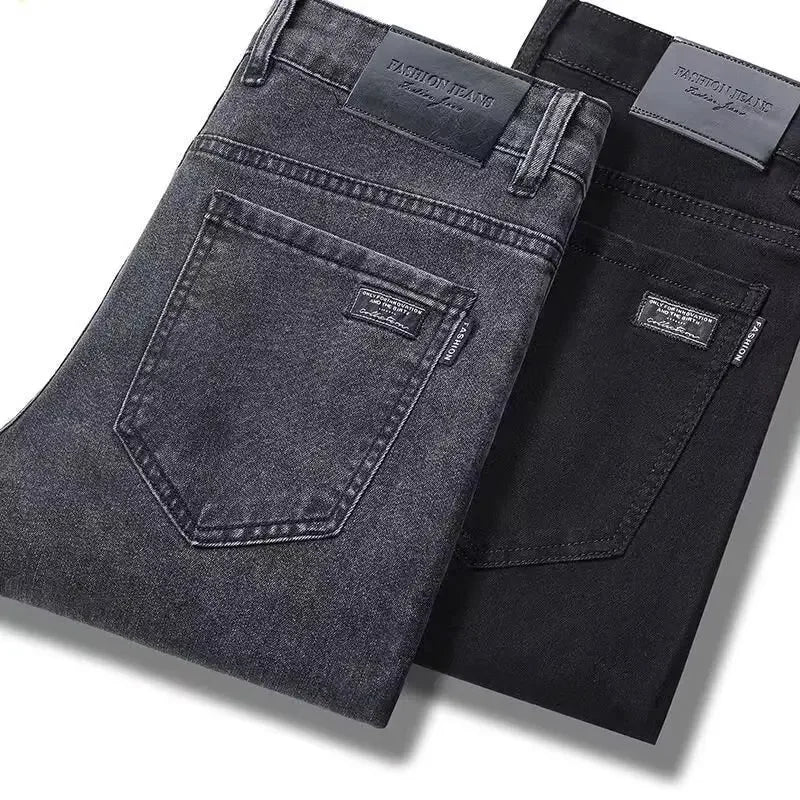 Slim Fit Stretch Business Men's Jeans Summer Trendy Thin Style Male Denim Pants Mid Waist Washed Design Casual Trousers.