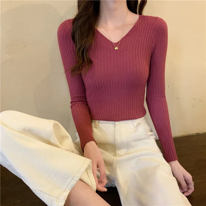 2025 einfarbig Schlank Pullover Koreanische Herbst Winter V-ausschnitt Pullover Mode Lässig Langarm Gestrickte Pullover Frauen Kleidung