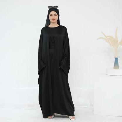 Two Piece Arabic Outfit Set for Muslim Women Elegant Modest Abaya Dress with Inner Ramadan Islamic Coat New Turkish Kaftan Robe.