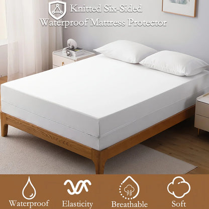 2-Zipper & 6-Side Waterproof Mattress Protector -Ultra Soft Knitted Fabric Breathable Noiseless Mattress Encasement.