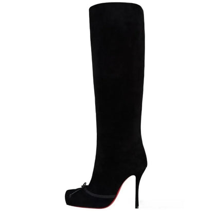 European and American Fashion Niche High-heeled Square Toe Side Zipper Knee High Bow Boots Women's Versatile Banquet Shoes.