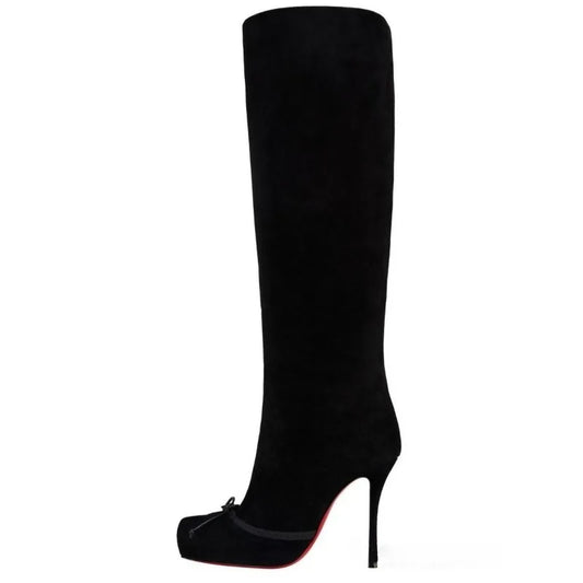 European and American Fashion Niche High-heeled Square Toe Side Zipper Knee High Bow Boots Women's Versatile Banquet Shoes.
