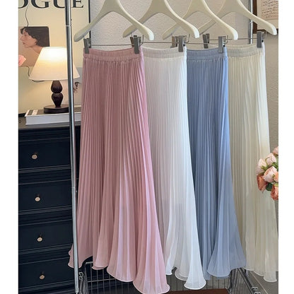 Women's Summer Elegant Pleated Elastic Waist Chiffon Long Skirt Lady High Waist A Line Streetwear Solid Color Skirt.