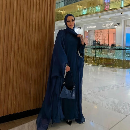 2025 New Abaya Set Shinny Dubai Abaya Cardigan Inner Dress Hijab 3pcs Set Islamic Clothing Women Abaya Muslim Dress.