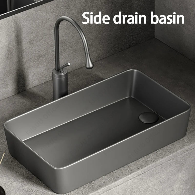 Rechteckiges silbergraues Porzellan-Keramikgefäßwaschbecken über der Theke, Toilette, Badezimmer-Schminktisch, Waschbecken, glasiertes weißes Waschbecken