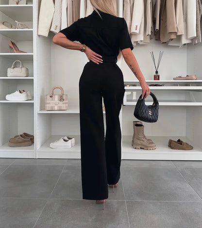 New Spring Summer Women Jumpsuits, Elegant Office Lady Jumpsuit Solid Color Belt Short Sleeve Casual Overalls Wide Leg Pants.