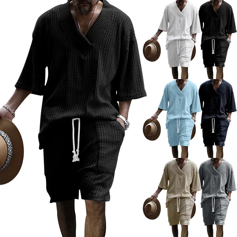 2024 Summer New Men's High Street Casual Loose Jacquard Sportswear V-Neck Short Sleeve Shorts Men's Fashion Suit.