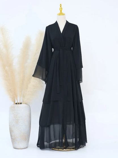Eid Muslim Abaya for Women Chiffon 3 Layers Cake Party Cardigan Robe Jalabiya Dresses Ramadan Morocco Abayas Kaftan Vestidos