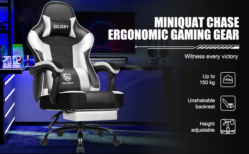 Daccormax Ergonomischer Gaming-Stuhl mit verstellbarer Lordosenstütze und Kopfstütze, Design mit hoher Rückenlehne + faltbarer Fußstütze für PC-Gamer