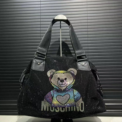 Ladies' fashionable diamond jewelry cute teddy bear handbag, large capacity, personalized, elegant, shiny shoulder bag.