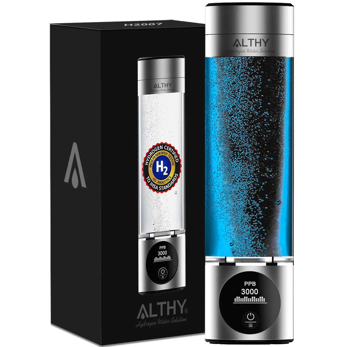 ALTHY Performance Hydrogen Water Generator Bottle DuPont SPE+PEM Dual Chamber + PPB&Time&Battery Display + H2 Inhalation Device.