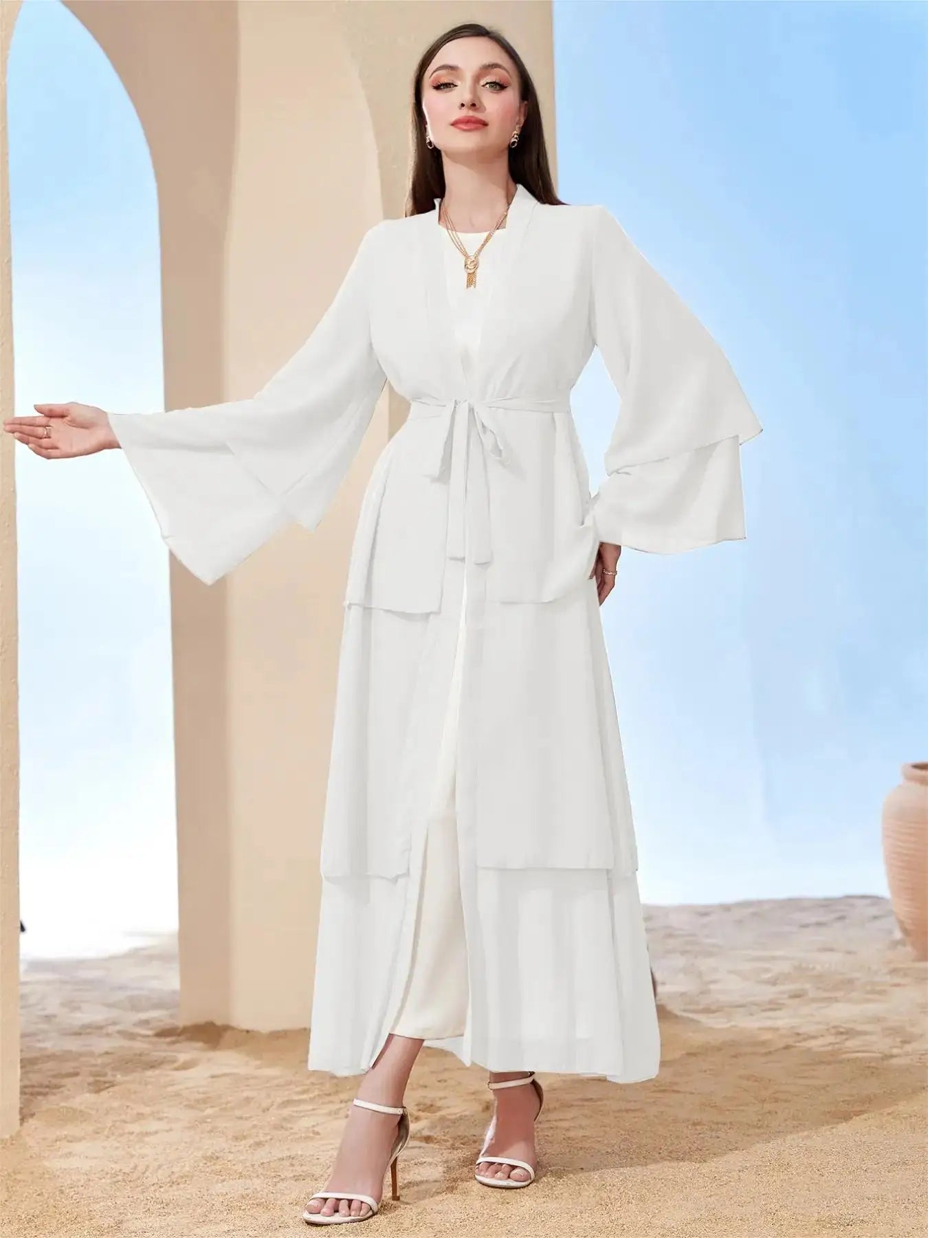 Ramadan kebaya Layered Open Front Abaya, Long Sleeve Dress With Belted , Without Hijab, Women's Clothing