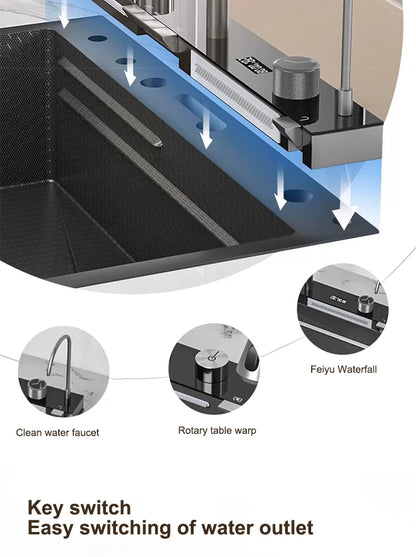 Küchenspüle, Wasserfall-Waschbecken aus Edelstahl, extra großer Einzelschlitz mit Digitalanzeige, Wasserhahn-Set für die Küche