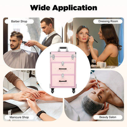 3 in 1 Rolling Makeup Case with Drawer, Large Makeup Case Organizers, Profesional Cosmetic Case for Salon Barber, Light Pink.