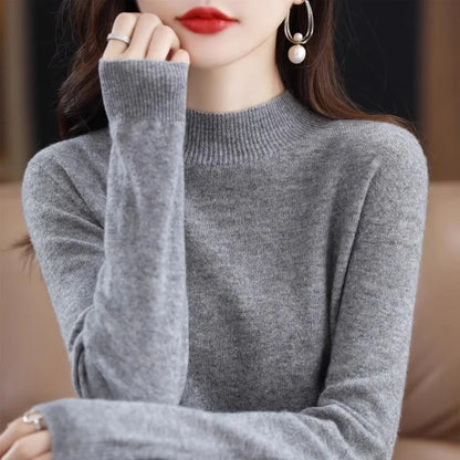Herbst Winter Frauen Pullover Koreanische Mode Warme Bodenbildung Shirts Halb Hohe Kragen Grundlegende Strickwaren Solide Langarm Pullover