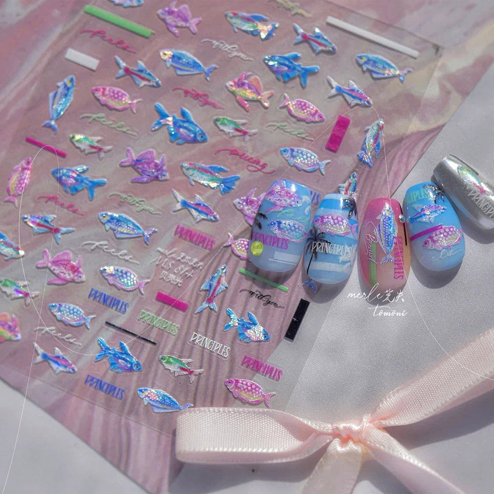 Ocean Theme 5D Nail Sticker Summer Beach Seashells Starfish Conch Scallop Shell Coral Self Adhesive Decoration Manicure Decal