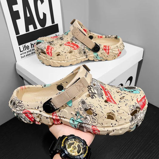 Plus Size 47 Men's Clogs 2025 Summer Sandals Beach Slippers Flat Sandals Men Leisure Slides Creative Printing Man Casual Shoes.
