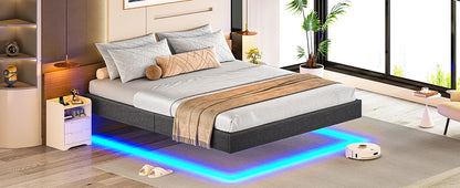 140 x 200 Lattenrost aus Holz mit LED-Beleuchtung, Plüsch, 140 x 200 cm, gepolstertes Bett, graues Leinen-Kopfteil, Schlafzimmermöbel