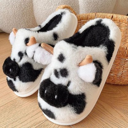 Shevalues Plush Cartoon Milk Cow Slippers Winter Women Slippers Furry Non-Slips Women Cotton Slides Couples Soft Cozy Flat Shoes