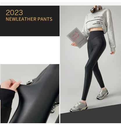 BIVIGAOS Herbst Neue Enge Stretch Leder Hosen Frauen Sharkskin Hohe Taille Spleißen PU Leder Fleece Sexy Leggings Winter Warm