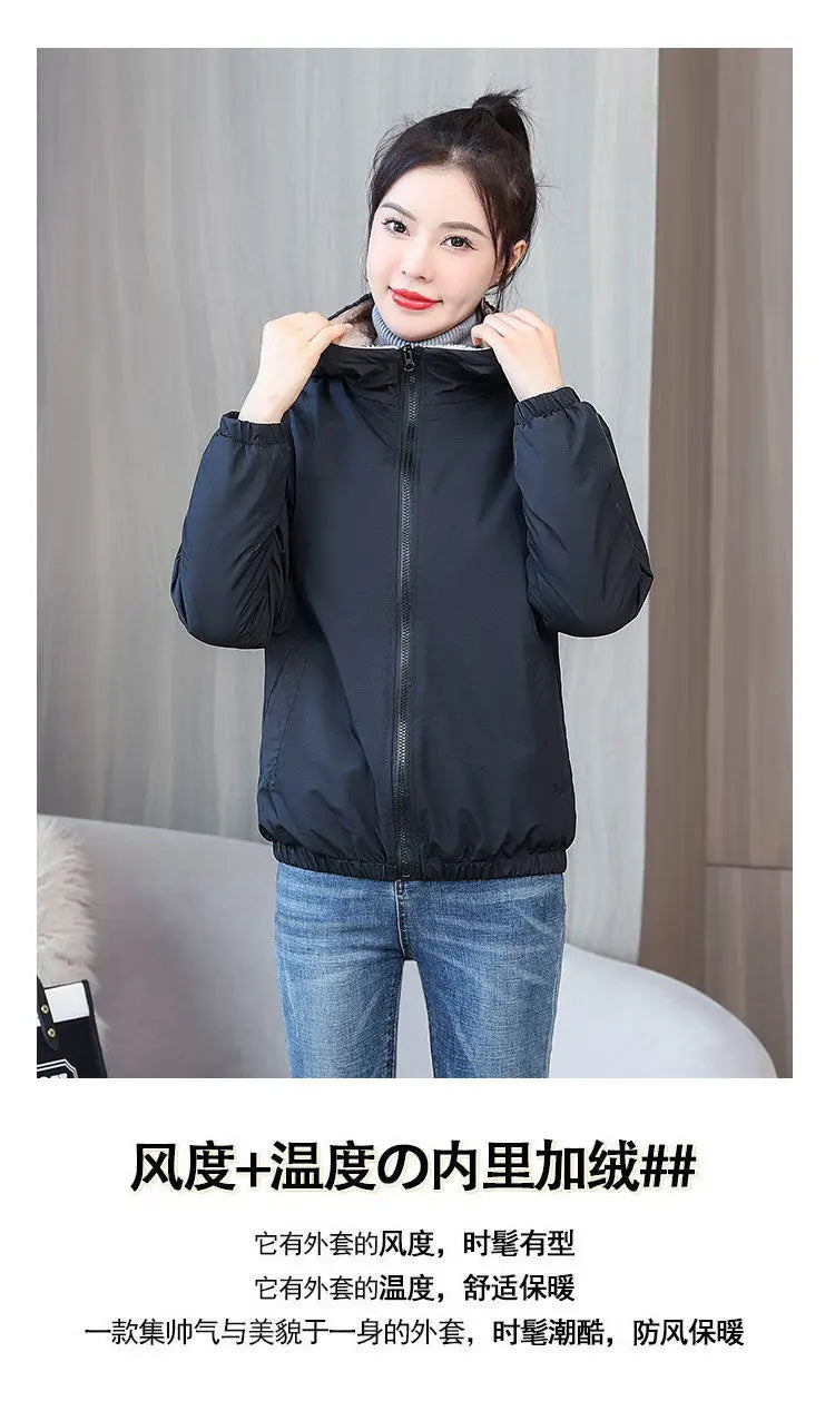 Women's Fleece Coat Winter Warm Thicken Solid Windbreaker Hooded Cotton Plush Hooded Jackets Casual Outdoor Windproof Jacket.