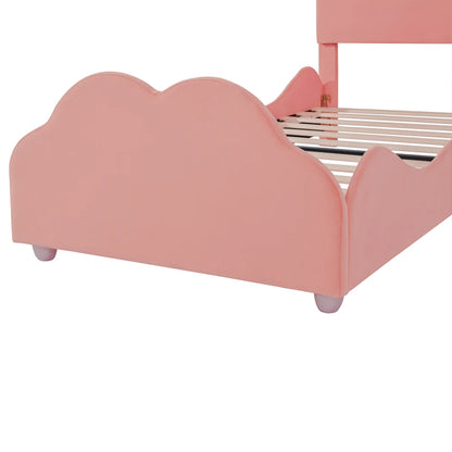 Kinderbett 90 x 200 cm hohes Geländer, Kinderbettgestell mit wolkenförmigem Kopf und Fußteil, Bett aus hautfreundlichem Samt