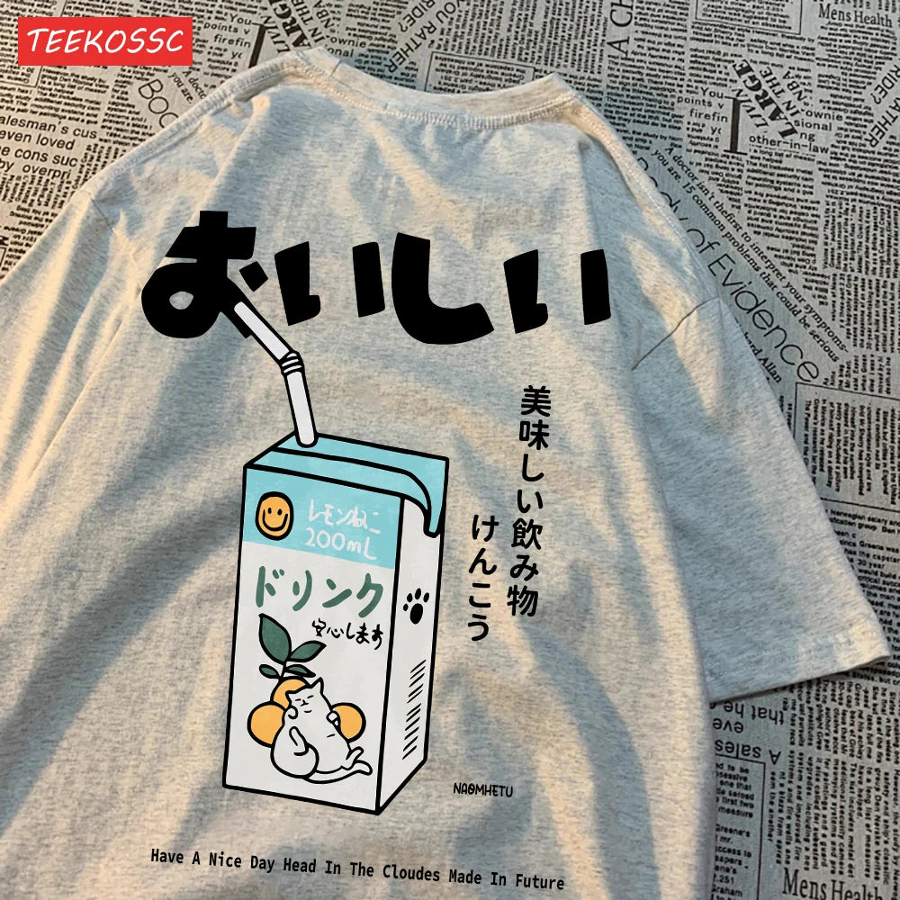 Cute Japanese Cat Print Oversized T-shirt Women Men Short Sleeve Loose Casual Tee Shirt Streetwear Tops Cotton Harajuku Clothing