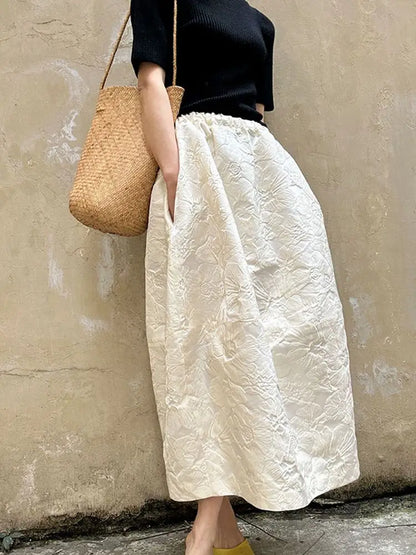 2024 New Arrival Spring/summer Arts Style Women Casual Loose Fit Elastic Waist A-line Jacquard Design Ankle-length Skirt P02.