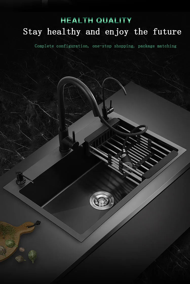 kitchen sink Black nano-sink single-slot household hand-washing basin kitchen large 304 stainless steel sink sink bowl