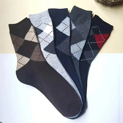 5 Pairs Men's Splicing Diamond Patterns Wool Socks Warm Winter Mid Length Socks Thickening Soft Cold-resistant Men Boots Socks.
