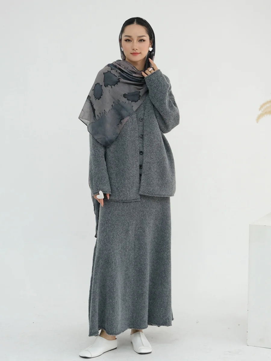 Muslim Women Dubai Abayas Dress Modest Winter Thick Knitted Set Solid Color Three Piece Set Islam Robe Femme Kaftan Clothing set.