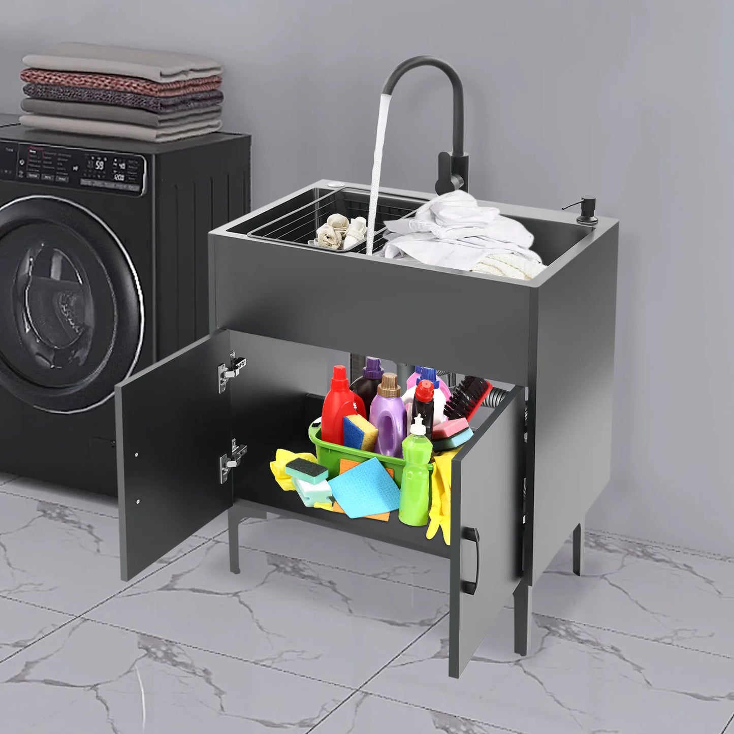 Schwarz/weißes unabhängiges Waschbecken mit Schrank, Küchenspüle aus Edelstahl mit 360° °   Drehbarer Wasserhahn für Badezimmer, Waschbecken